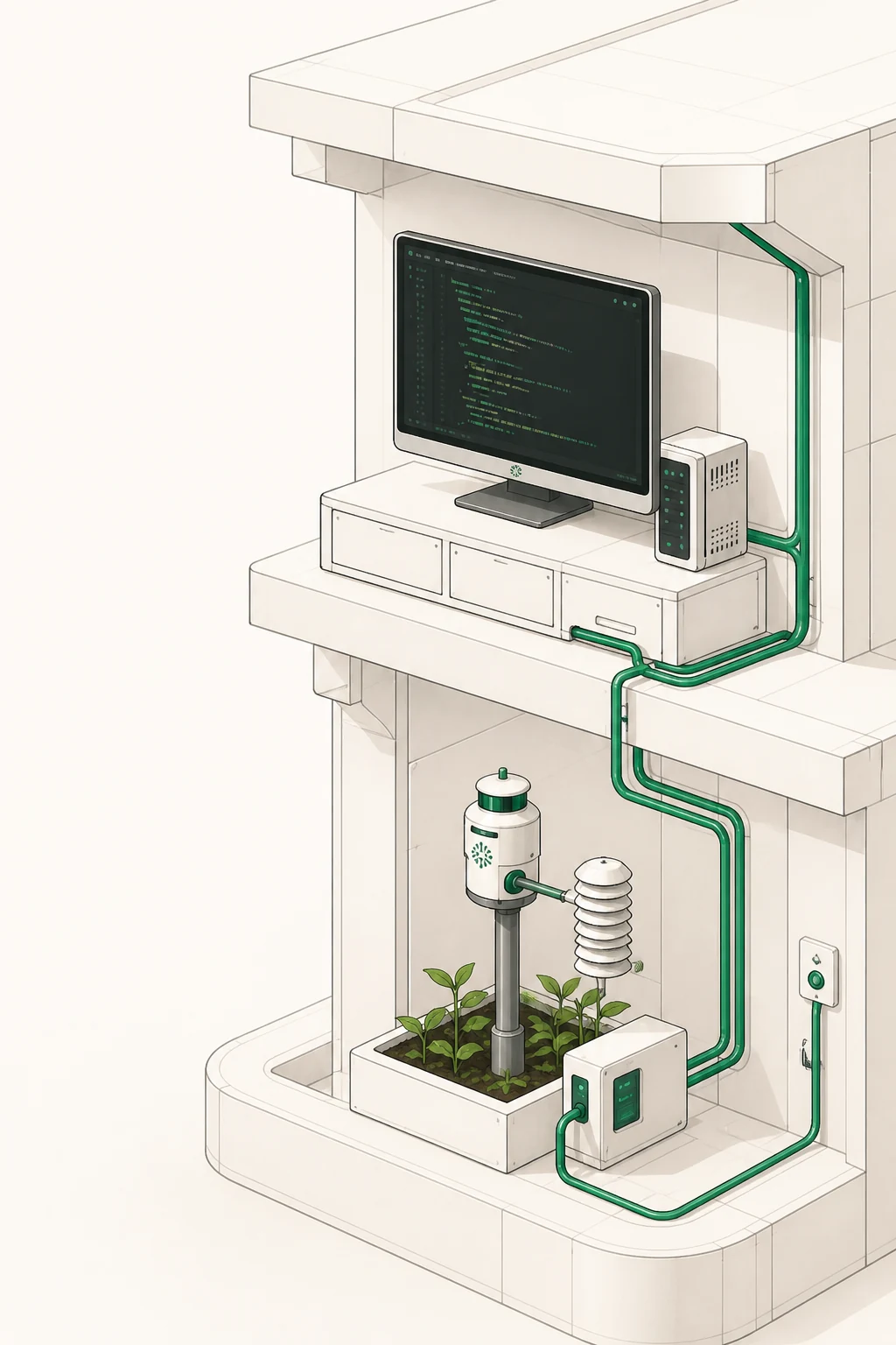 Laboratorio ilustrado: estación de programación y sensores ambientales conectados
